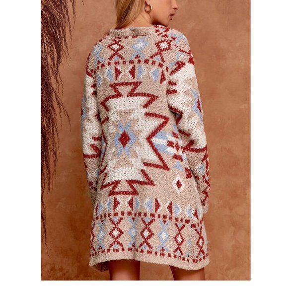 Boho Aztec Tribal Cowichan Knit Cardigan Sweater Duster Top Western Yellowstone - Picture 1 of 6